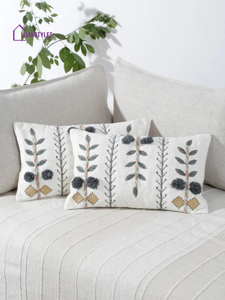 Eyda Embroidered Cotton Cushion Covers Set Of 2-12X20 Inch