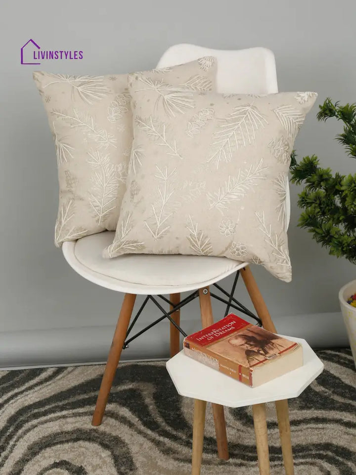 Eyda Gold Cotton Linen Embroidered Cushion Cover Set Of 2
