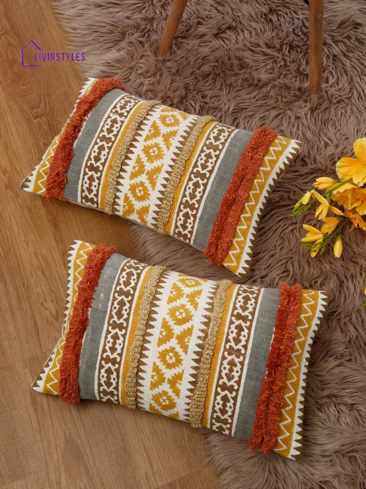 Eyda Hand Block Printed Cotton Cushion Covers Set Of 2 12X20 Inch
