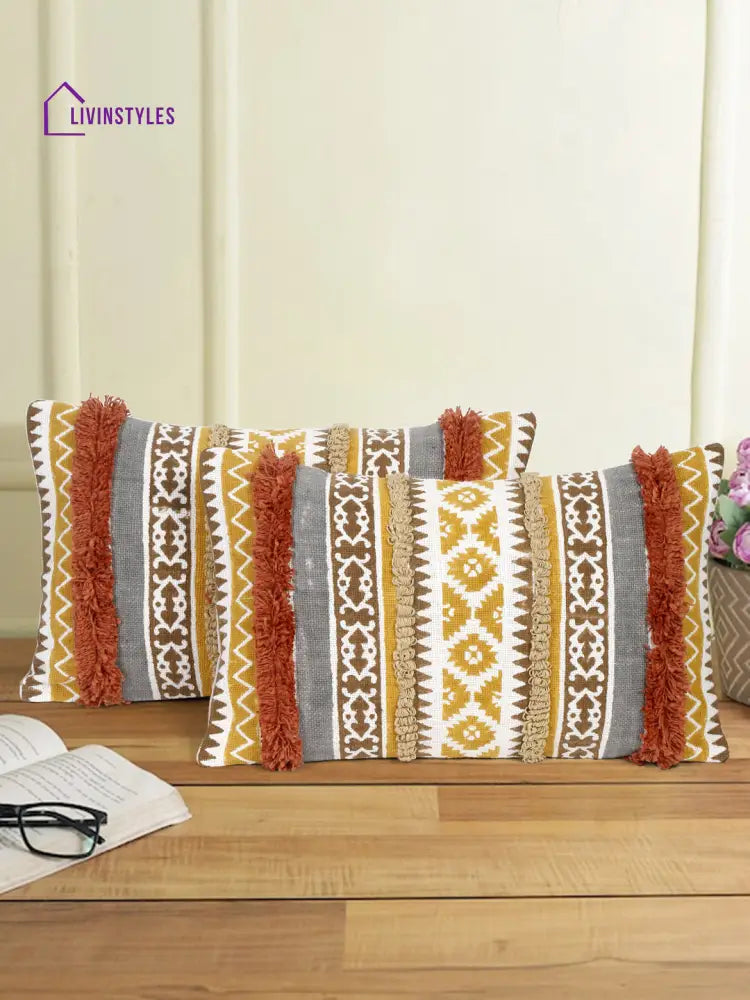 Eyda Hand Block Printed Cotton Cushion Covers Set Of 2 12X20 Inch