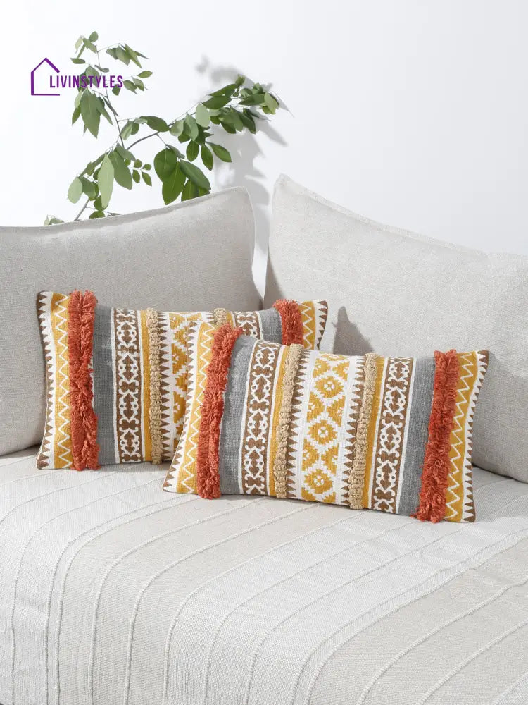 Eyda Hand Block Printed Cotton Cushion Covers Set Of 2 12X20 Inch