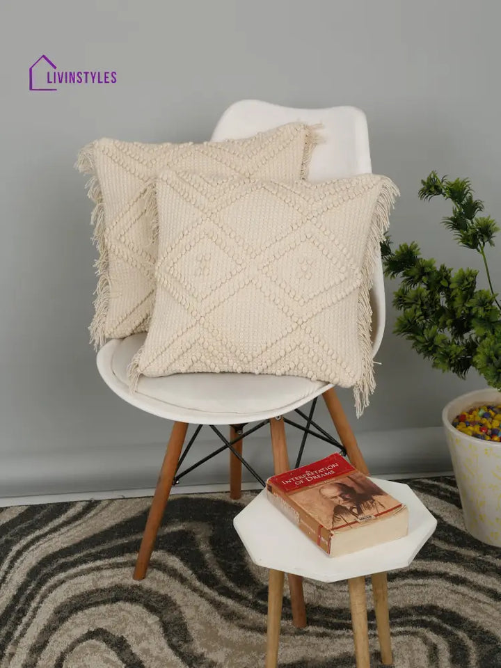 Eyda Ivory Cotton Hand Woven Cushion Cover Set Of 2