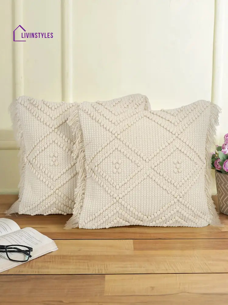 Eyda Ivory Cotton Hand Woven Cushion Cover Set Of 2