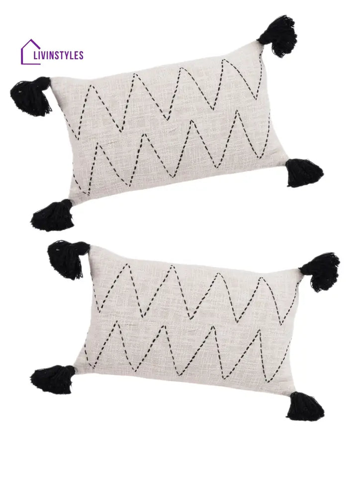 Eyda Jute Cotton Hand Work Cushion Covers Set Of 2-12X20 Inch