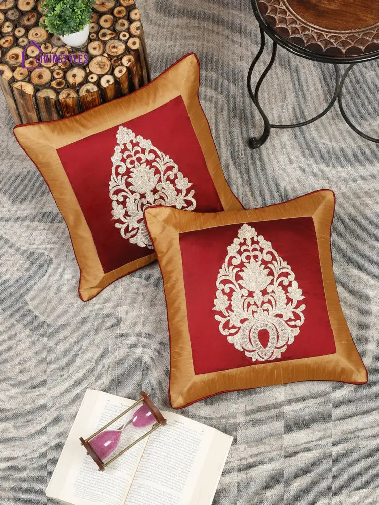 Eyda Maroon And Copper Color Embroidered Cushion Cover Set Of 2-16X16 Inch