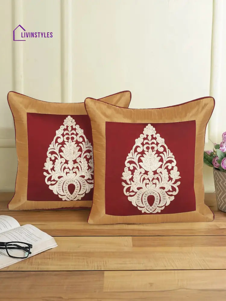 Eyda Maroon And Copper Color Embroidered Cushion Cover Set Of 2-16X16 Inch