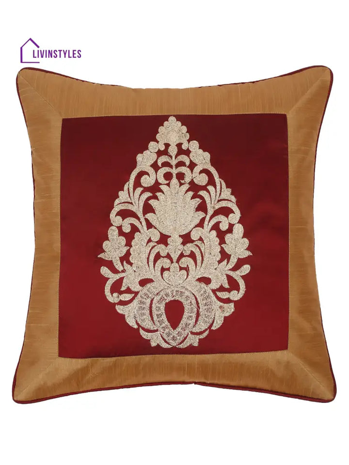 Eyda Maroon And Copper Color Embroidered Cushion Cover Set Of 2-16X16 Inch