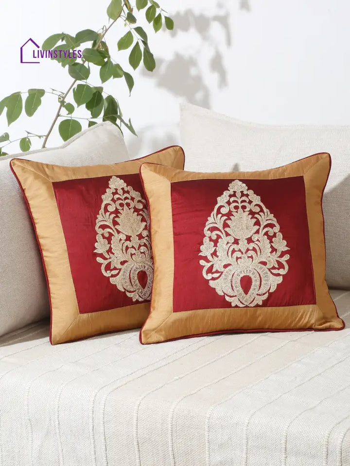 Eyda Maroon And Copper Color Embroidered Cushion Cover Set Of 2-16X16 Inch
