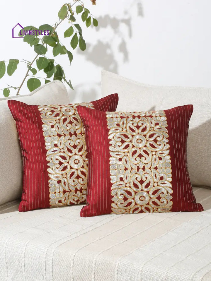 Eyda Maroon And Silver Color Embroidered Cushion Cover Set Of 2-16X16 Inch
