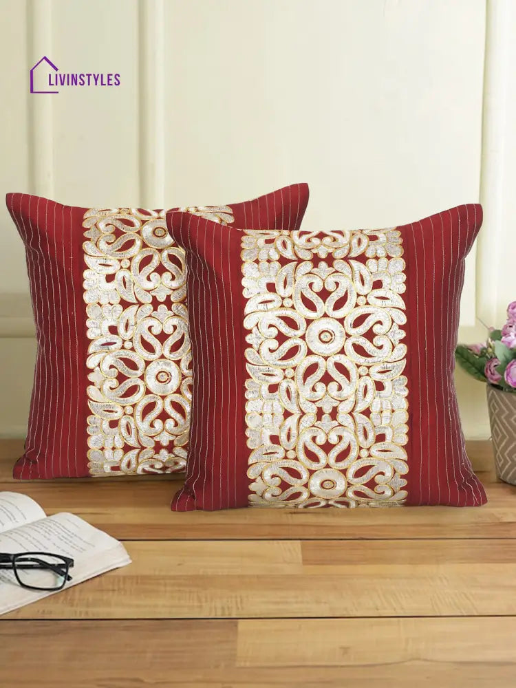 Eyda Maroon And Silver Color Embroidered Cushion Cover Set Of 2-16X16 Inch
