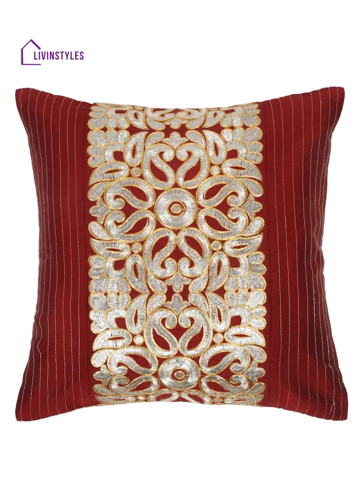 Eyda Maroon And Silver Color Embroidered Cushion Cover Set Of 2-16X16 Inch