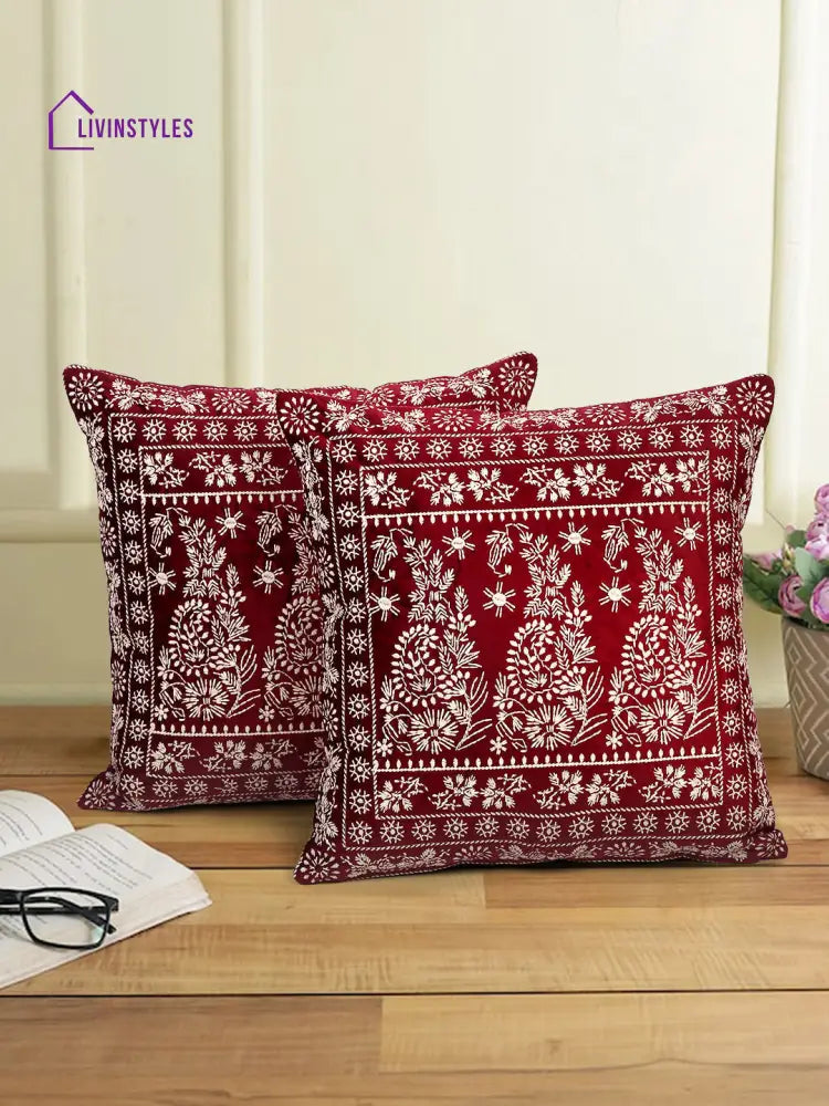 Eyda Maroon Color Embroidered Velvet Cushion Covers Set Of 2 - 18X18 Inch