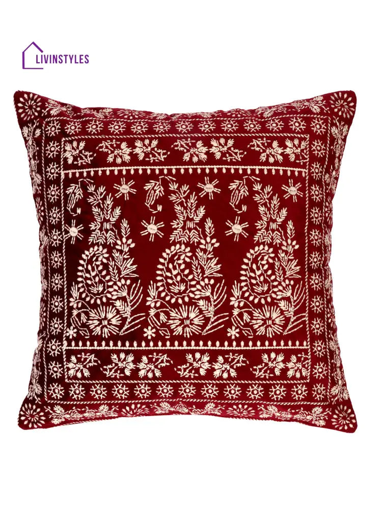 Eyda Maroon Color Embroidered Velvet Cushion Covers Set Of 2 - 18X18 Inch