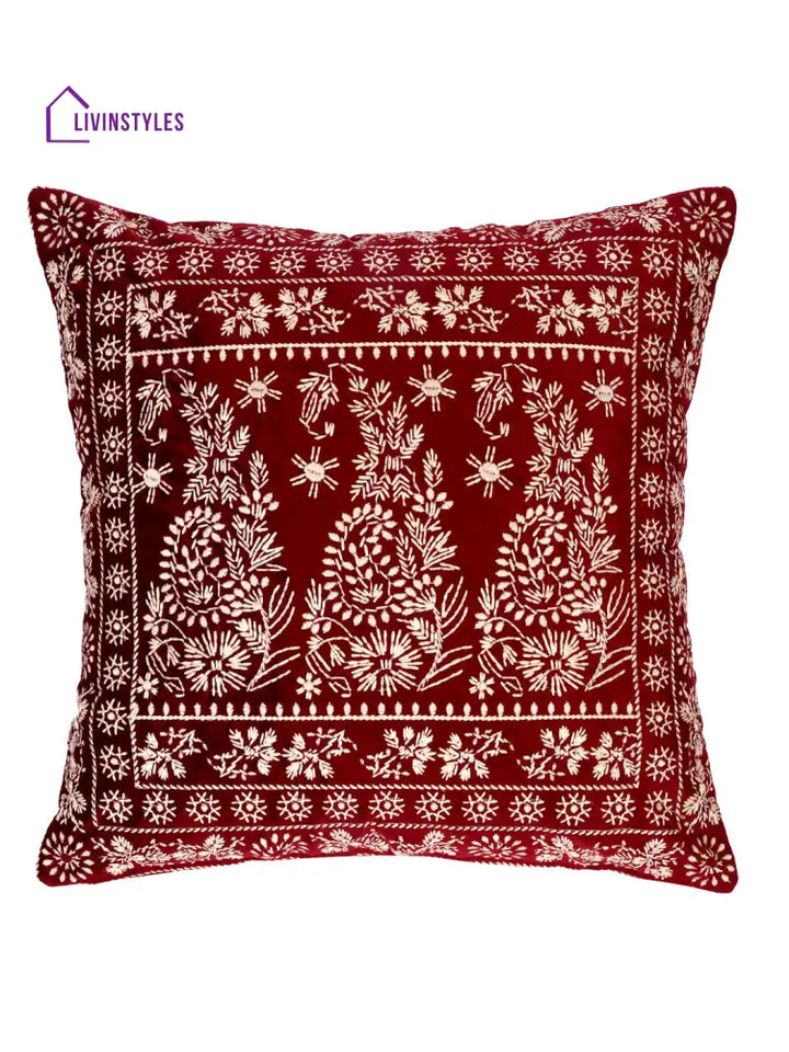 Eyda Maroon Color Embroidered Velvet Cushion Covers Set Of 2 - 18X18 Inch