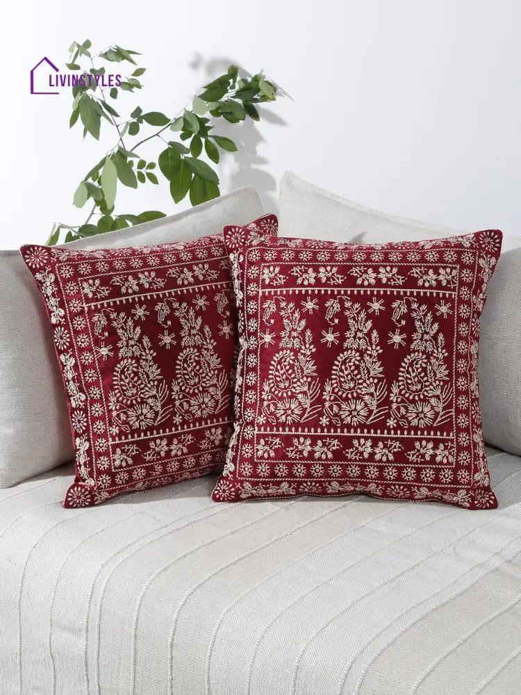 Eyda Maroon Color Embroidered Velvet Cushion Covers Set Of 2 - 18X18 Inch