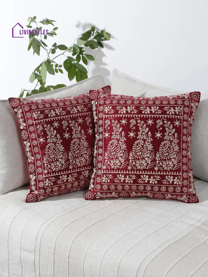 Eyda Maroon Color Embroidered Velvet Cushion Covers Set Of 2 - 18X18 Inch