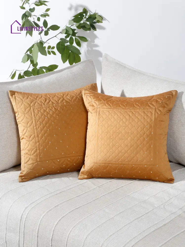 Eyda Mustard Color Quilted Cushion Covers Set Of 2 - 16X16 Inch