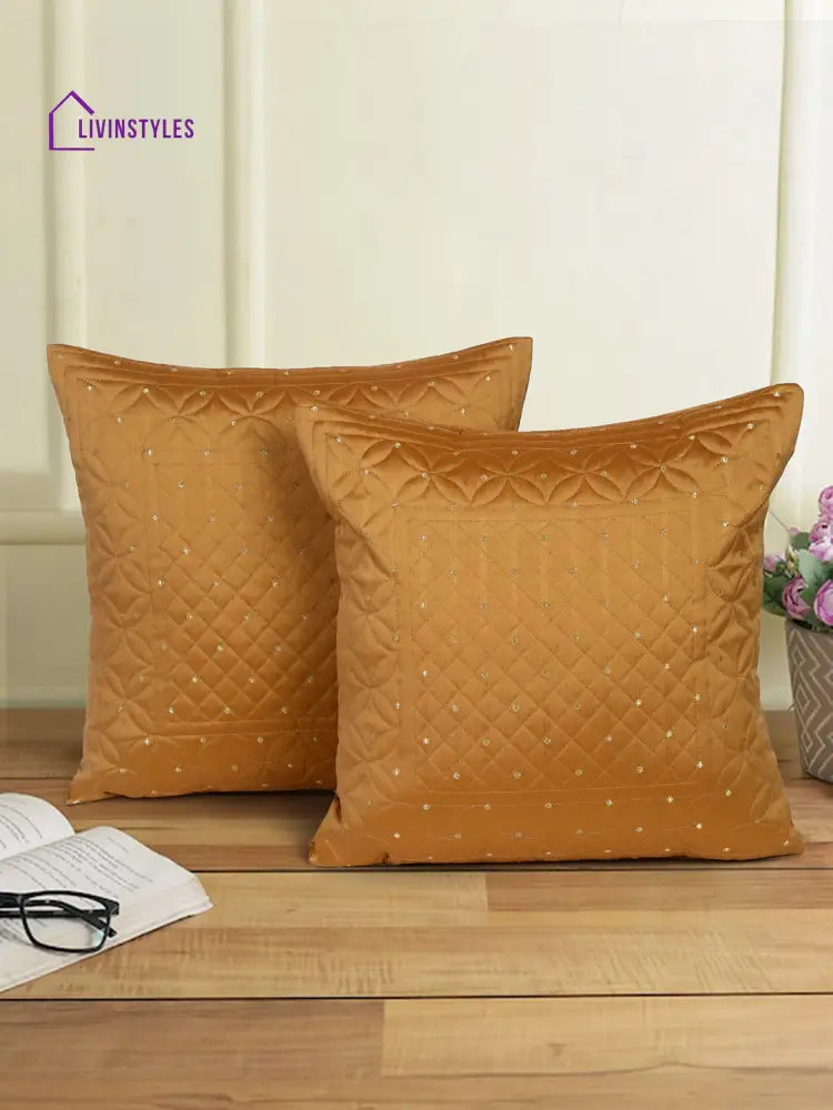Eyda Mustard Color Quilted Cushion Covers Set Of 2 - 16X16 Inch