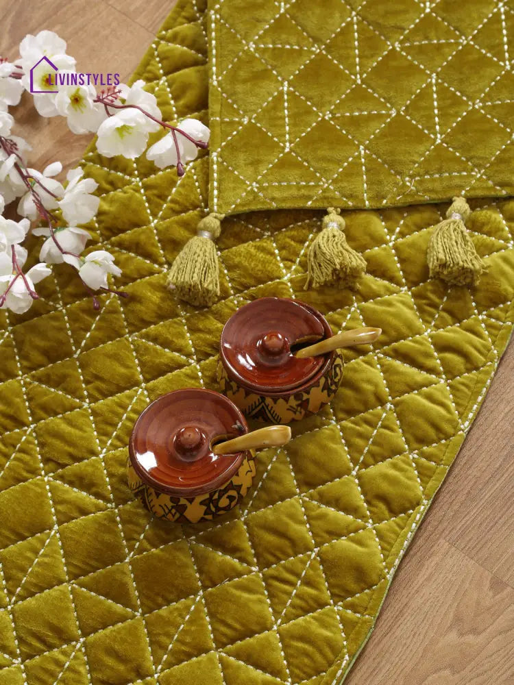 Eyda Olive Green Color Quilted Table Runner