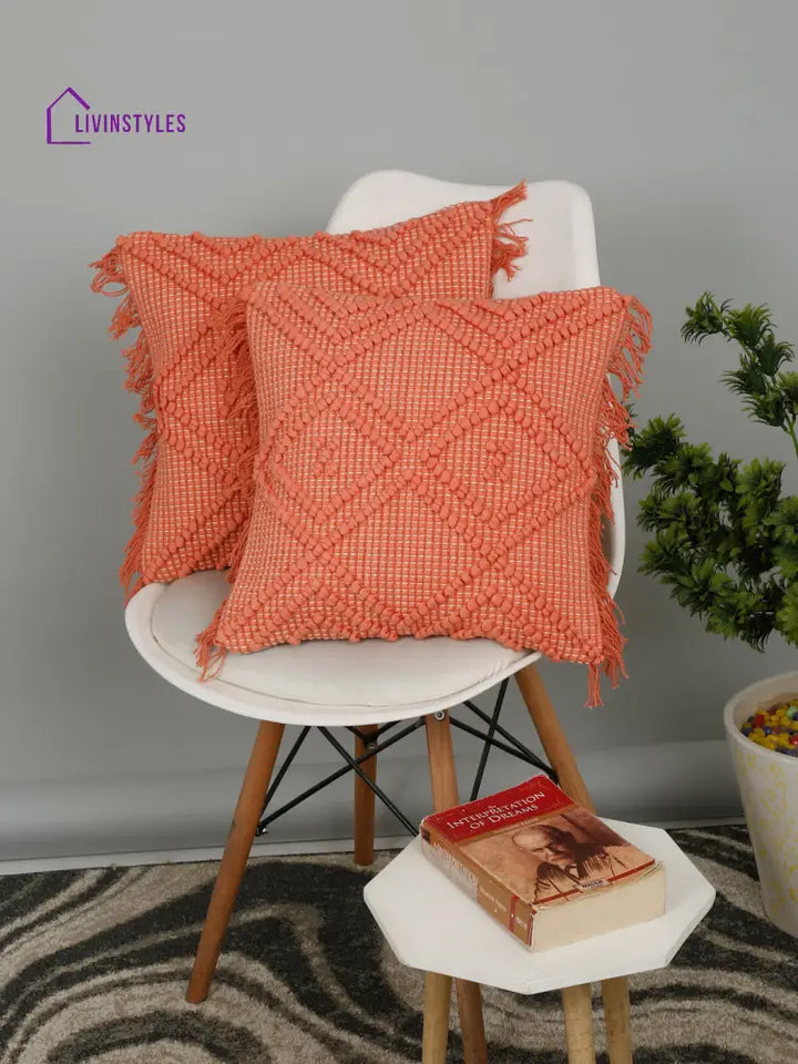 Eyda Peach Cotton Hand Woven Cushion Cover Set Of 2