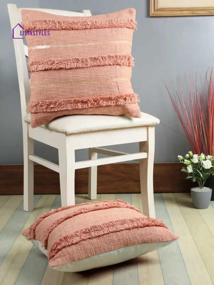 Eyda Premium Cotton Designer Peach Color Cushion Cover Set Of 2-18X18 Inch