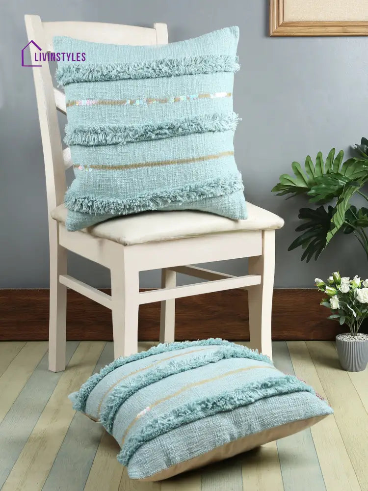 Eyda Premium Cotton Designer Turquoise Cushion Cover Set Of 2-18X18 Inch