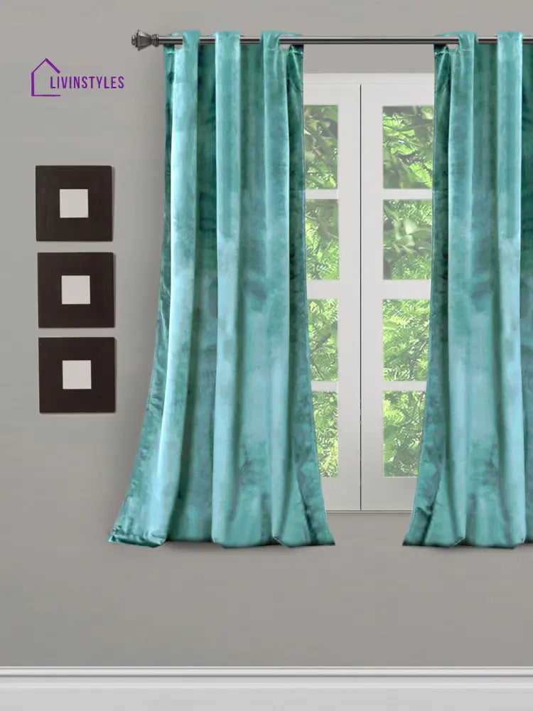 Eyda Premium Velvet Aqua Color Eyelet Window Door Curtain- 1 Pc