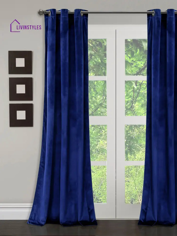 Eyda Premium Velvet Blue Color Eyelet Long Door Curtain- 1 Pc