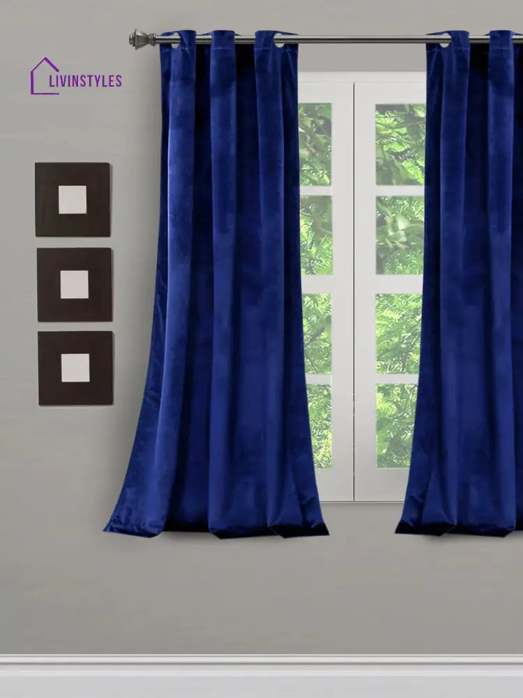 Eyda Premium Velvet Blue Color Eyelet Window Door Curtain- 1 Pc