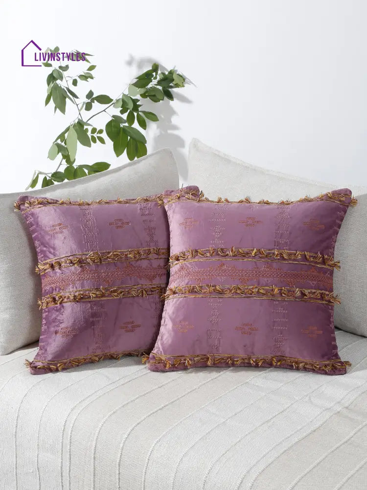 Eyda Purple Color Embroidered Velvet Cushion Covers Set Of 2 - 18X18 Inch
