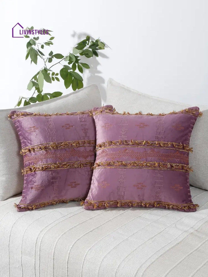 Eyda Purple Color Embroidered Velvet Cushion Covers Set Of 2 - 18X18 Inch