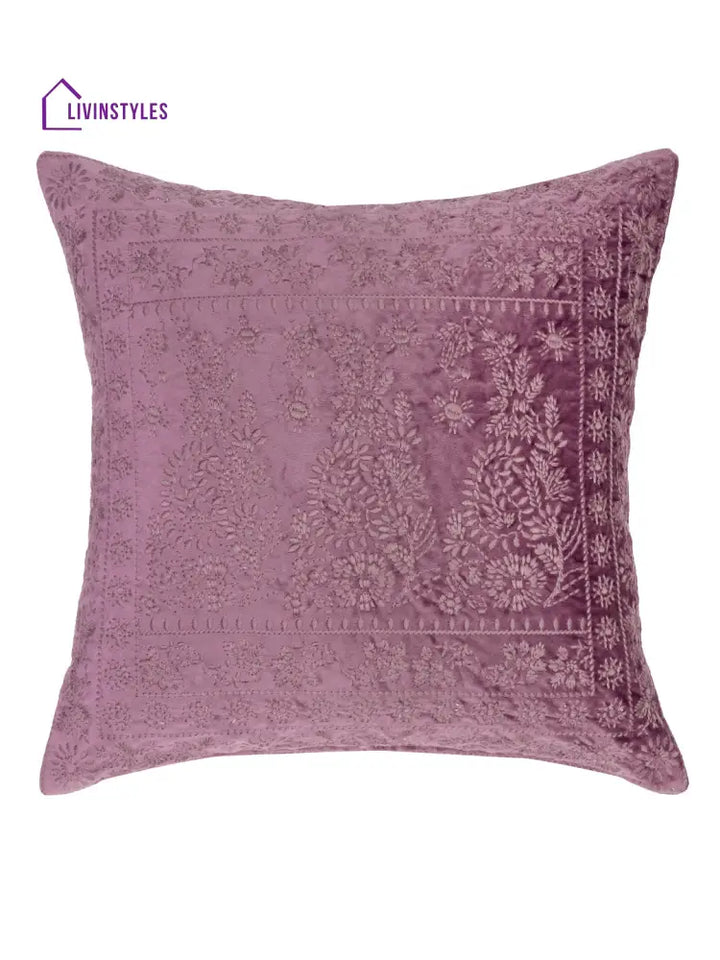 Eyda Purple Color Embroidered Velvet Cushion Covers Set Of 2 - 18X18 Inch