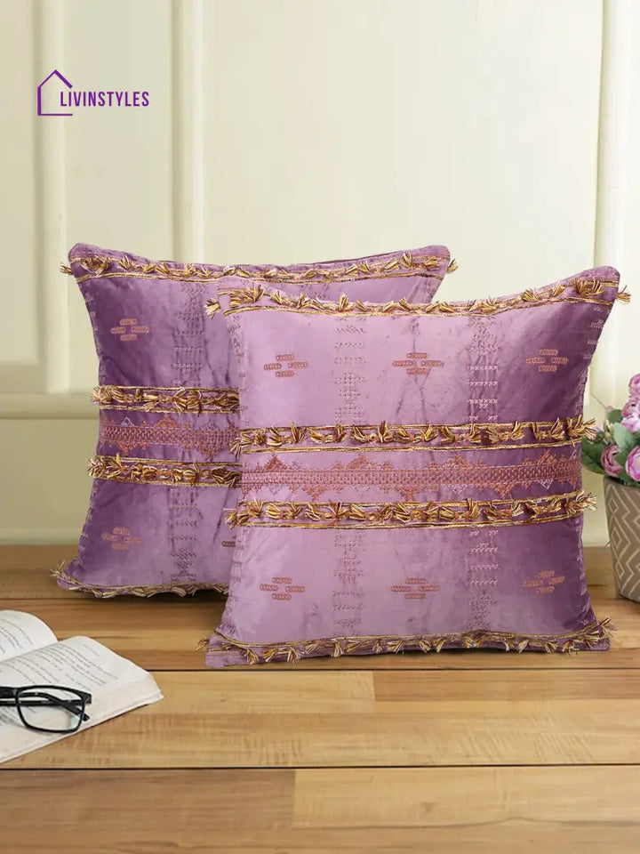 Eyda Purple Color Embroidered Velvet Cushion Covers Set Of 2 - 18X18 Inch