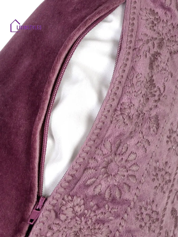 Eyda Purple Color Embroidered Velvet Cushion Covers Set Of 2 - 18X18 Inch