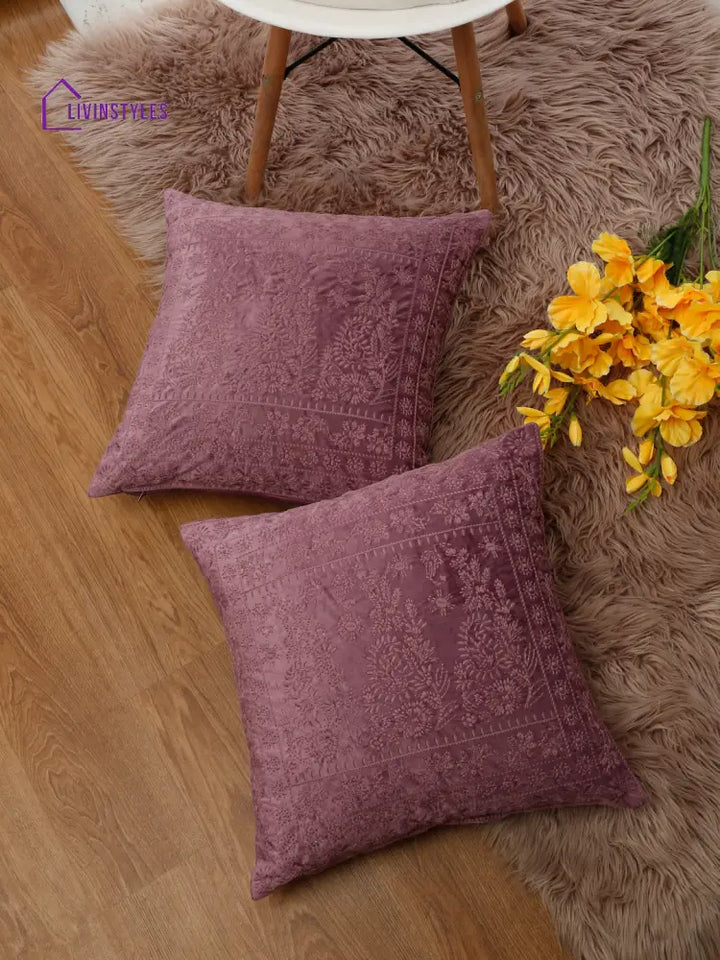 Eyda Purple Color Embroidered Velvet Cushion Covers Set Of 2 - 18X18 Inch