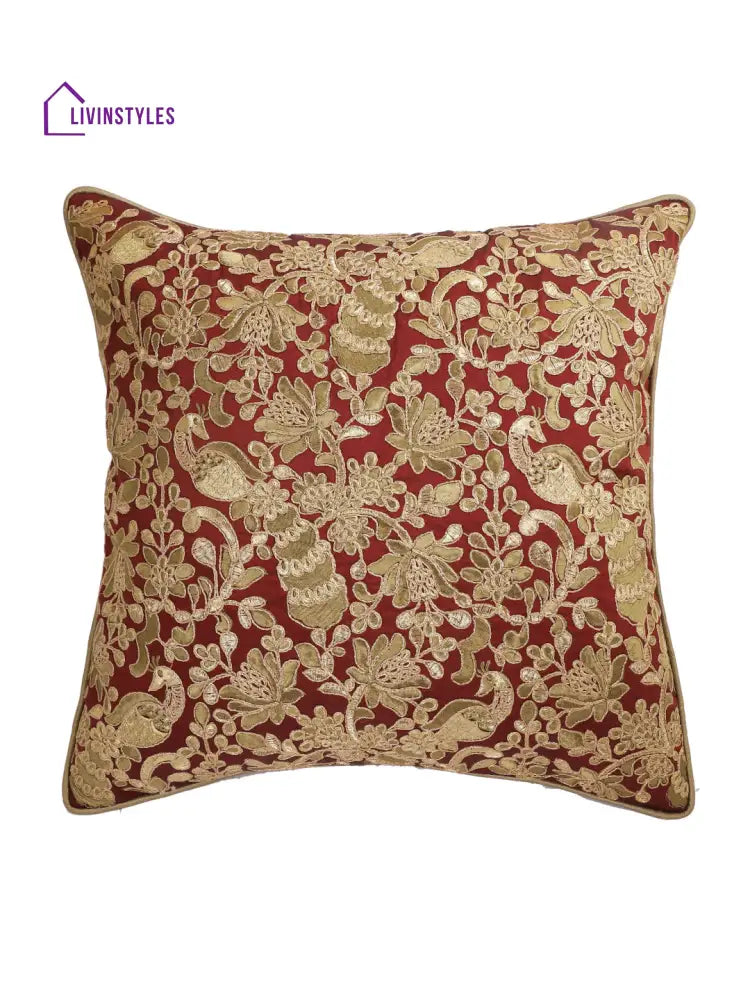 Eyda Red And Gold Embellished Set Of 2 Cushion Cover-18X18 Inch