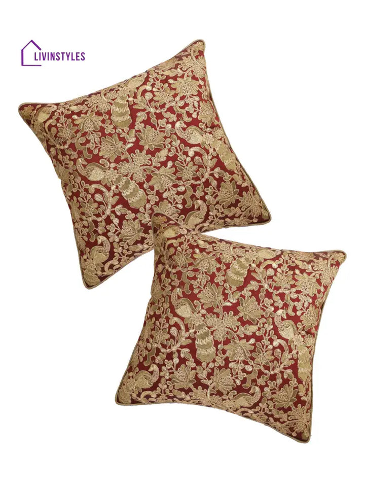 Eyda Red And Gold Embellished Set Of 2 Cushion Cover-18X18 Inch