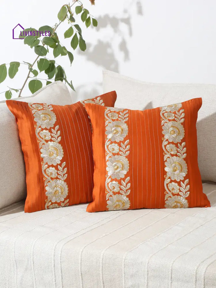 Eyda Red Color Embroidered Cushion Cover Set Of 2-16X16 Inch