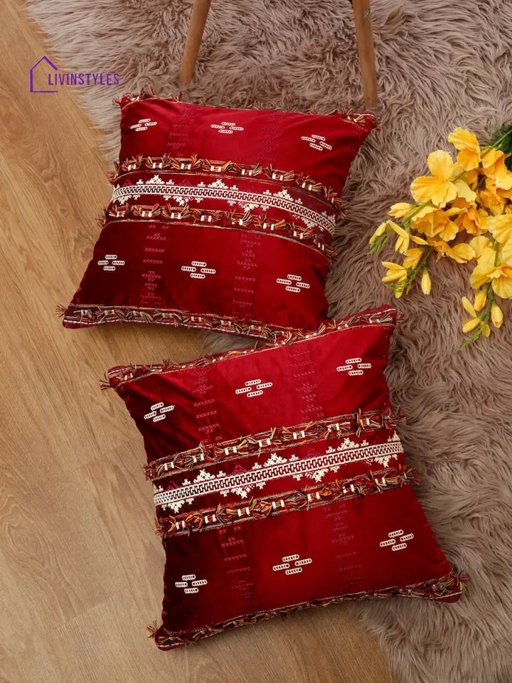 Eyda Red Color Embroidered Velvet Cushion Covers Set Of 2 - 18X18 Inch