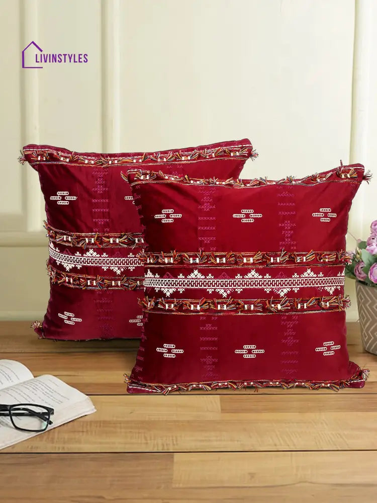Eyda Red Color Embroidered Velvet Cushion Covers Set Of 2 - 18X18 Inch