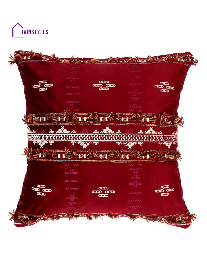 Eyda Red Color Embroidered Velvet Cushion Covers Set Of 2 - 18X18 Inch