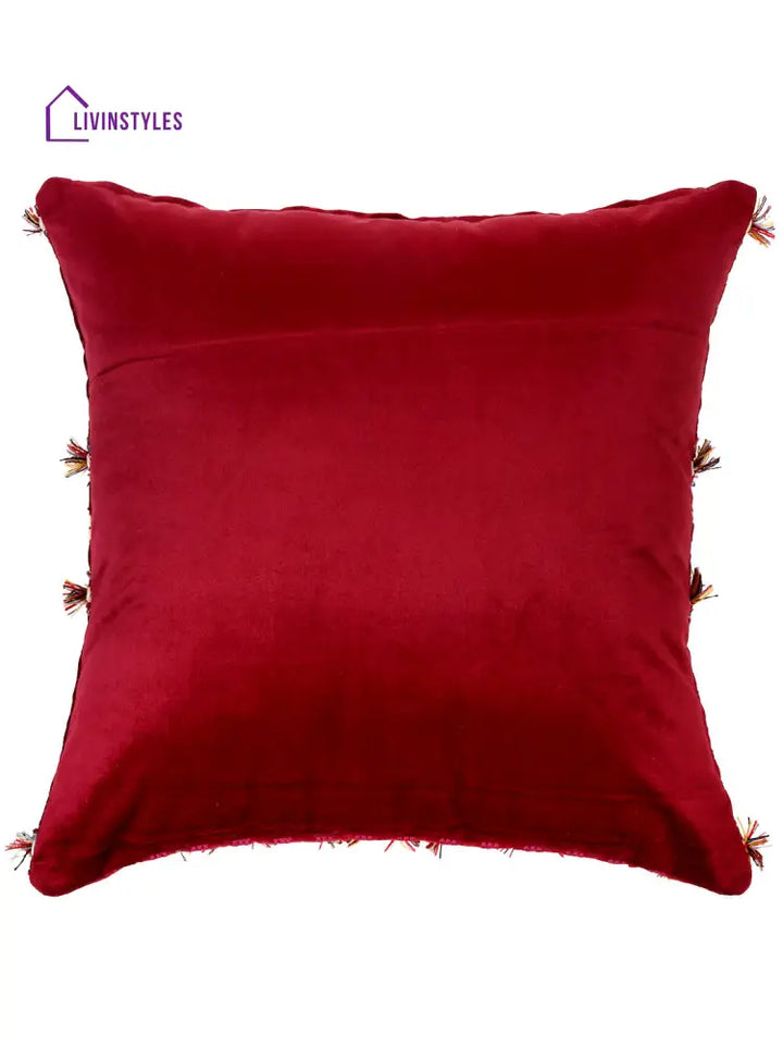 Eyda Red Color Embroidered Velvet Cushion Covers Set Of 2 - 18X18 Inch