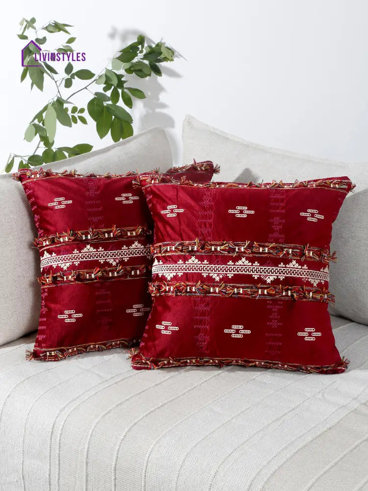 Eyda Red Color Embroidered Velvet Cushion Covers Set Of 2 - 18X18 Inch