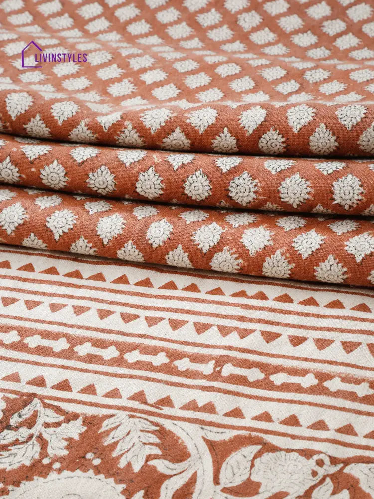 Eyda Rust Colored Hand Block Floral Print Cotton Linen Table Runner