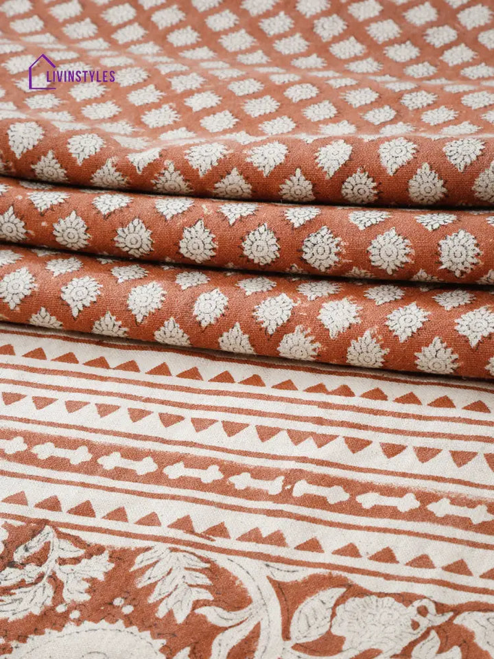 Eyda Rust Colored Hand Block Floral Print Cotton Linen Table Runner