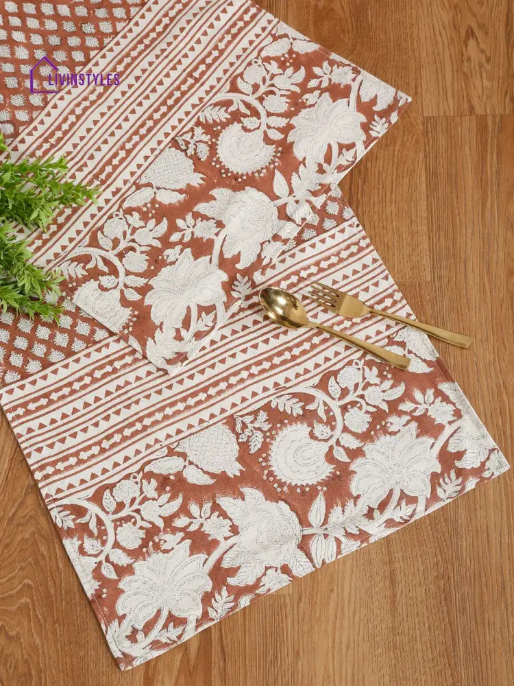 Eyda Rust Colored Hand Block Floral Print Cotton Linen Table Runner