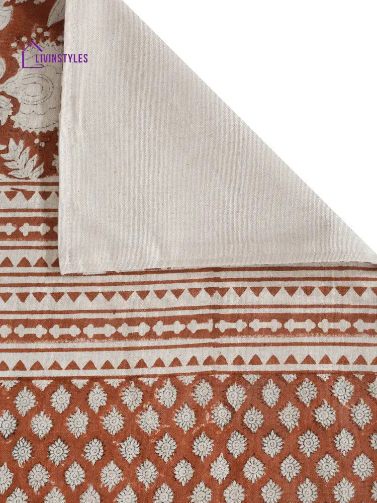 Eyda Rust Colored Hand Block Floral Print Cotton Linen Table Runner