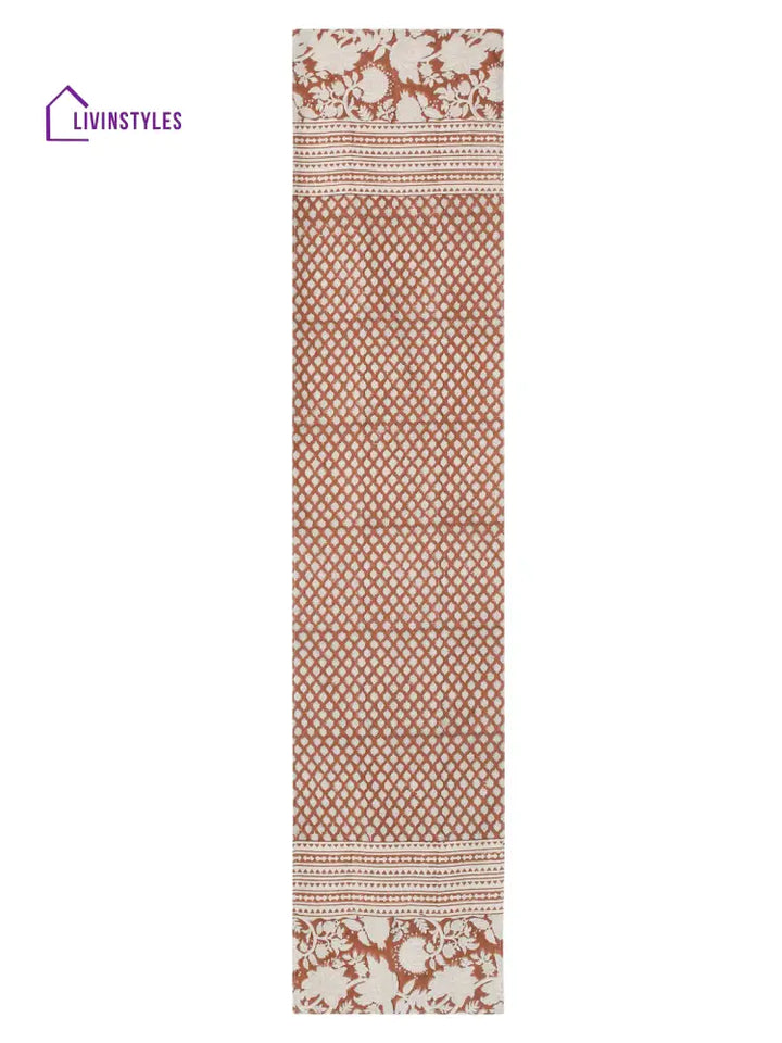 Eyda Rust Colored Hand Block Floral Print Cotton Linen Table Runner