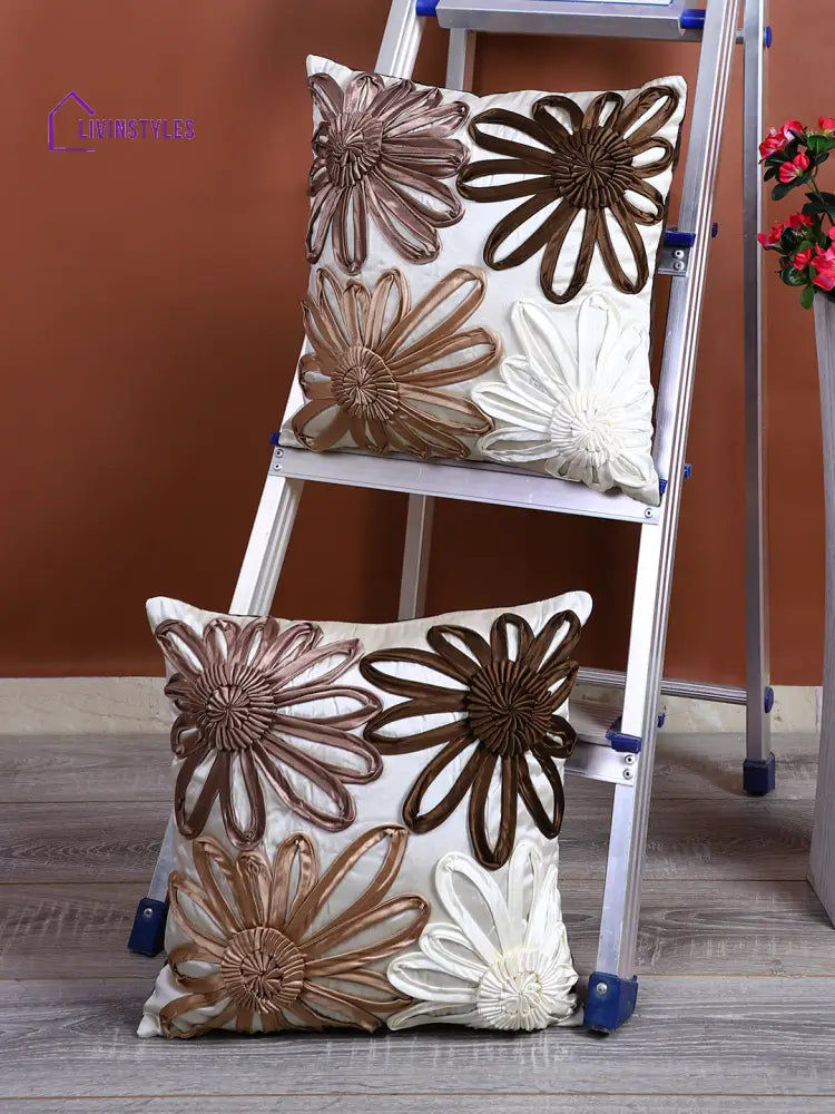 Eyda Satin Tape Ivory Color Designer Cushion Cover Set Of 2-16X16 Inch