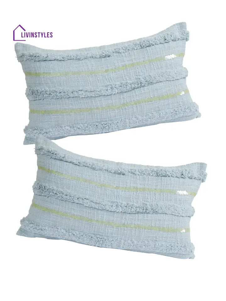 Eyda Set Of 2 Sky Blue Color Cotton Cushion Cover-12X20 Inch